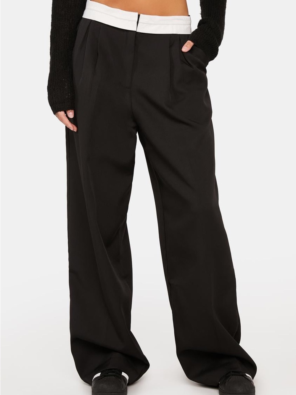Lioness City of Angels Wide Leg Black Pants with White Waistband - Size Xs